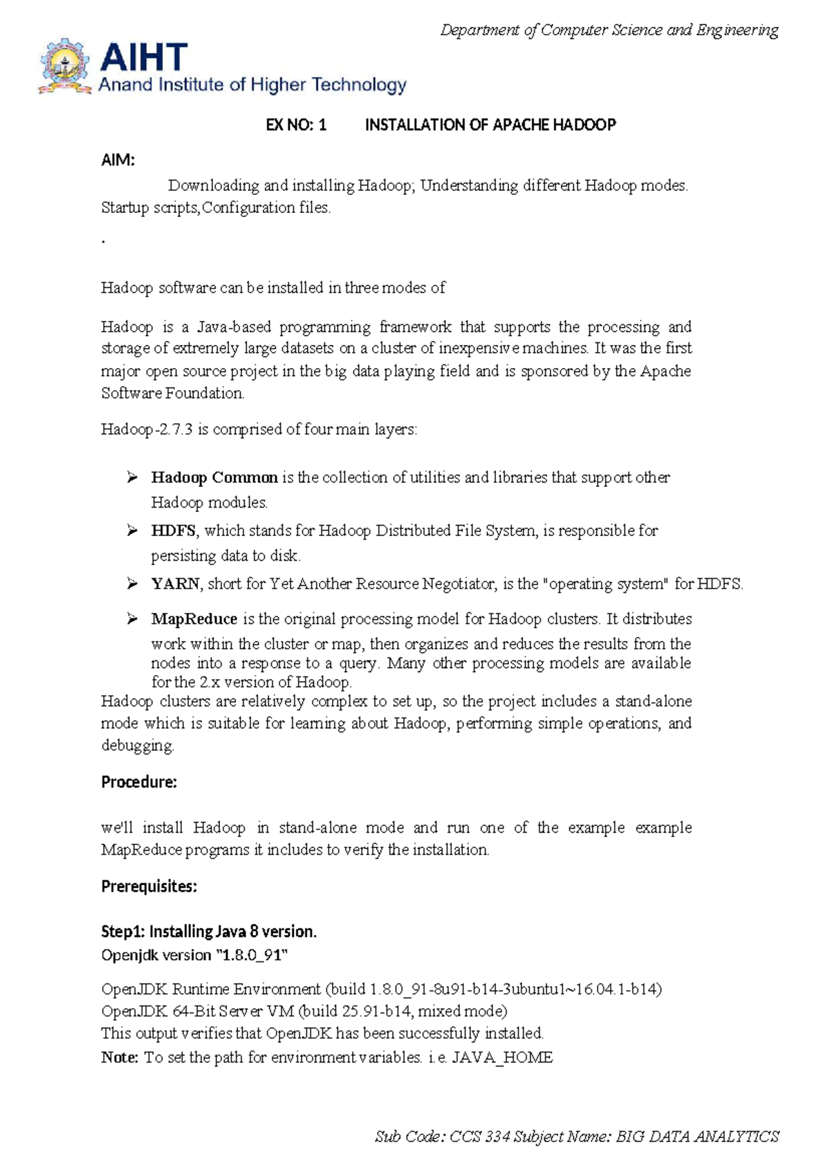 Ex No: 1 - Installation of Apache Hadoop & Wordcount Example (CCS 334 ...