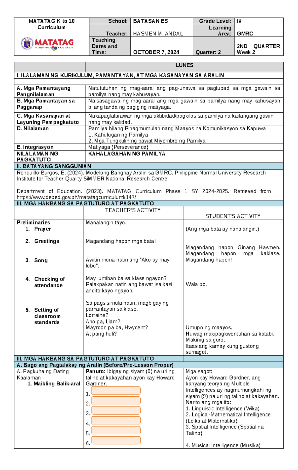 MATATAG K to 10 GMRC Lesson Plan for Grade IV - Week 2 - Studocu