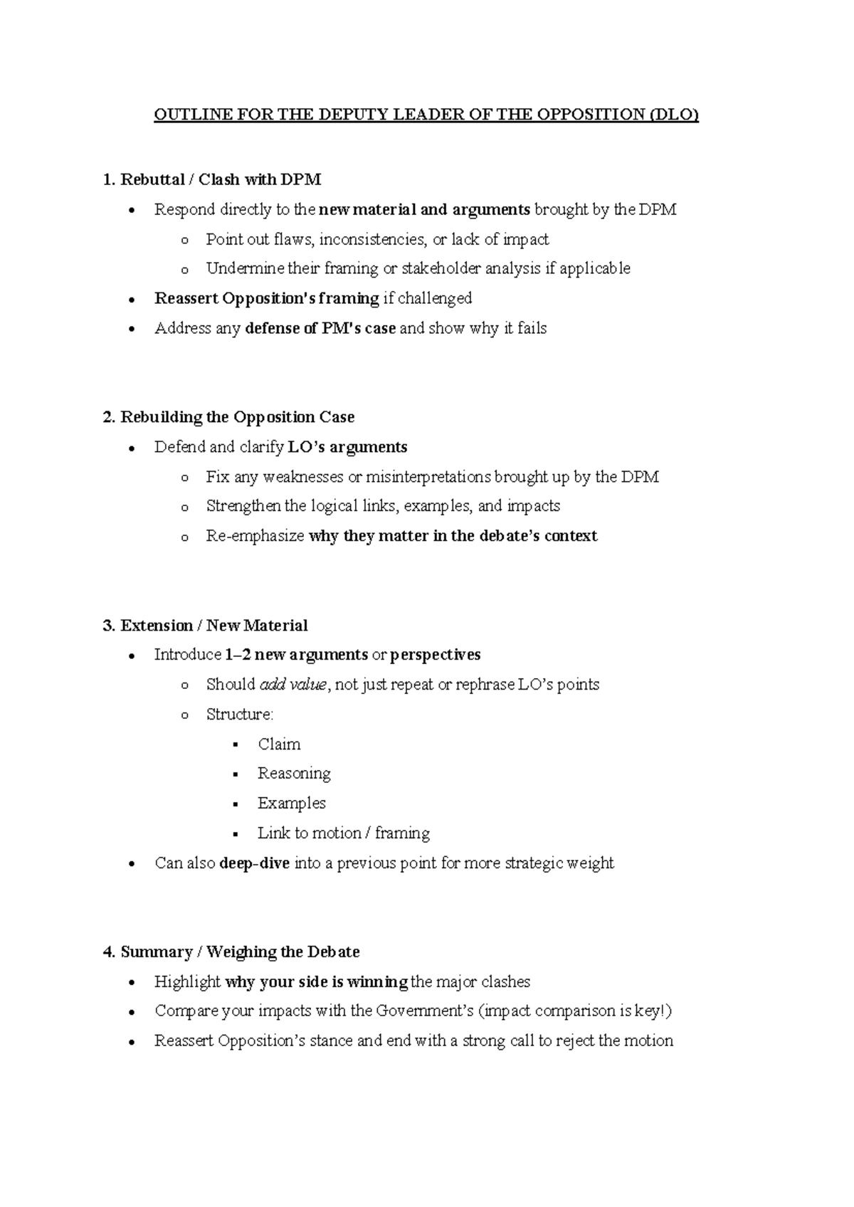 DLO - Outline for Deputy Leader of the Opposition Strategy Notes - Studocu