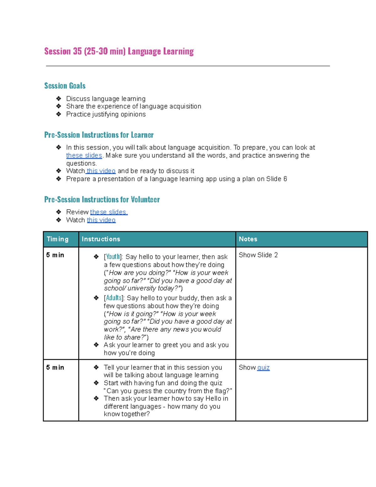 Language Learning Session 1: Goals, Activities, and Discussion - Studocu