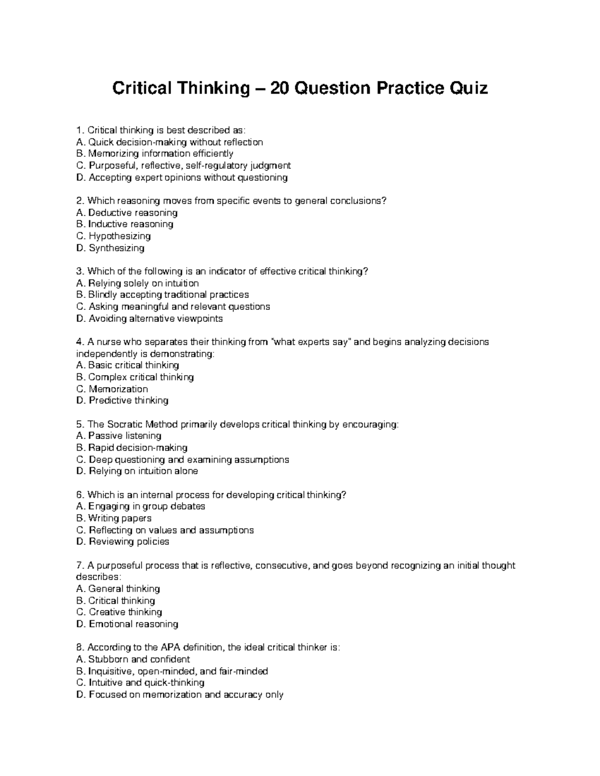 Critical Thinking 20 Question Practice Quiz 1 (CT101) - Studocu