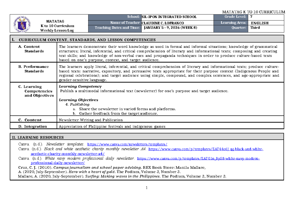 DLL Matatag K to 10 English 7 Weekly Lesson Log - Q3 W8 - Studocu