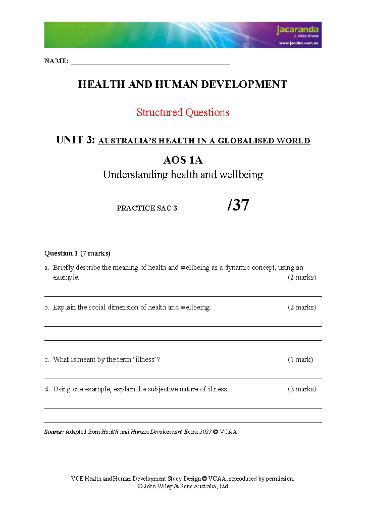 2025 VCE Health & Human Development SAC 3 Practice Questions - Studocu