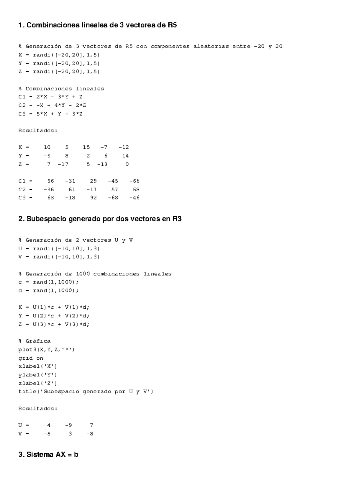 Actividad 4: Combinaciones Lineales y Matrices en R5 y R3 - Matlab ...