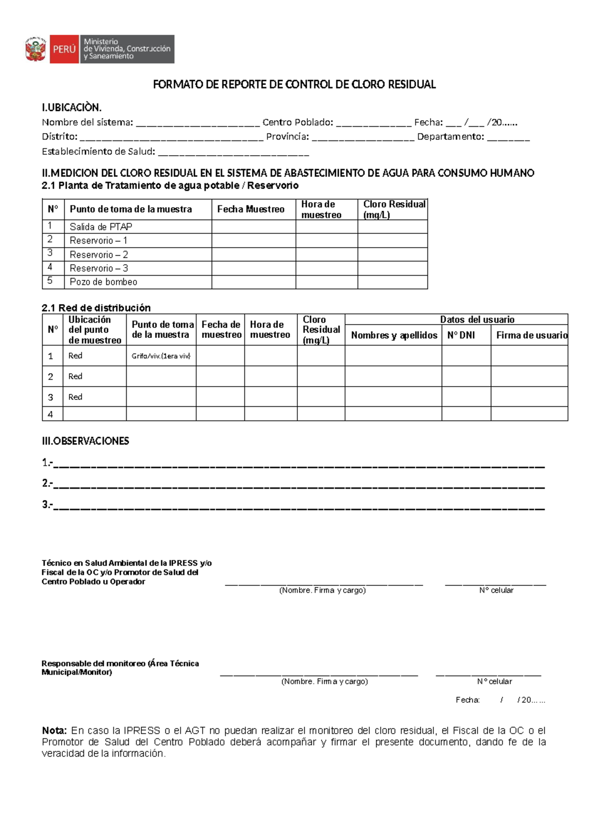 Formato de Reporte de Control de Cloro Residual en Agua - Document Preview