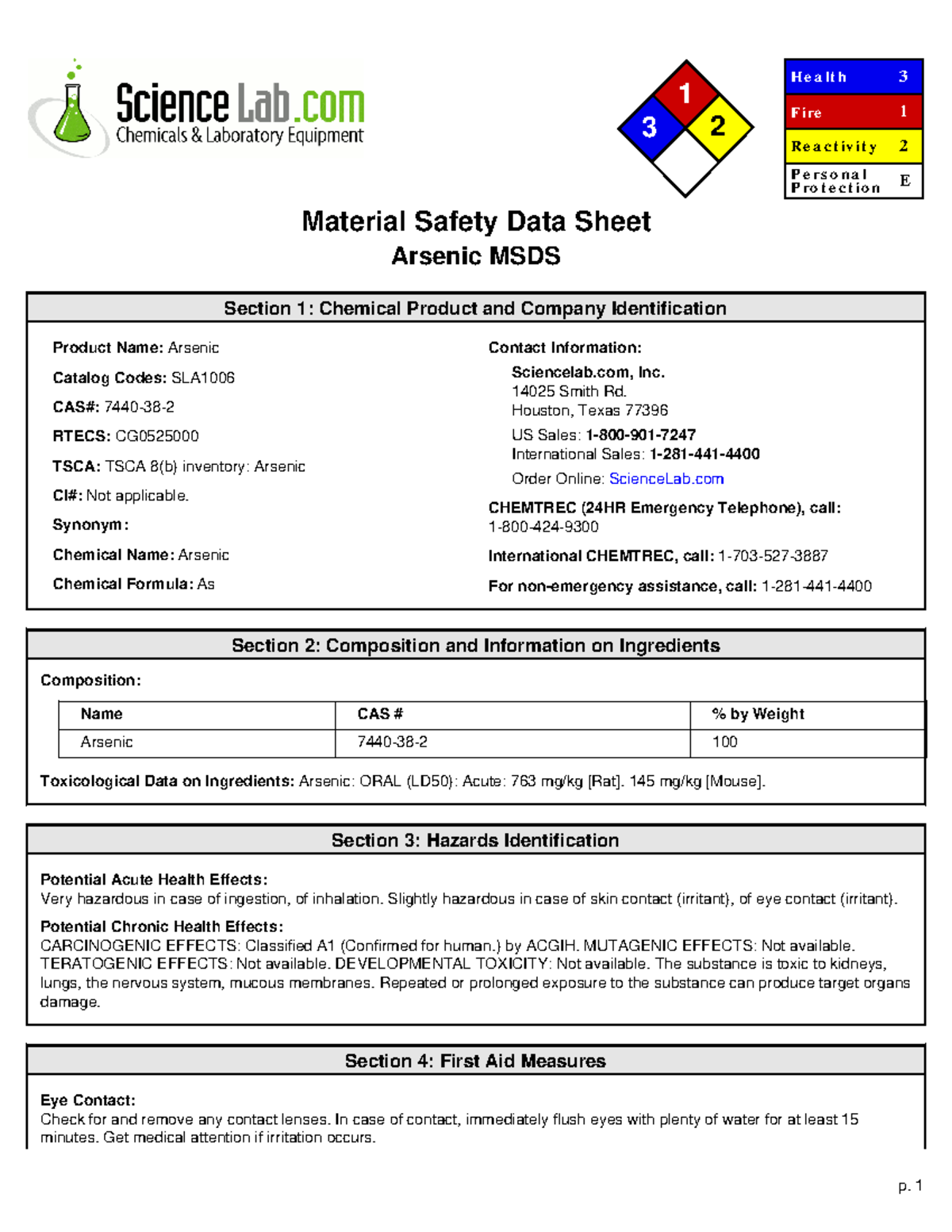 Arsenic SDS - None - 1 3 2 He a lt h Fire Re a c t iv it y P e rs o n a ...