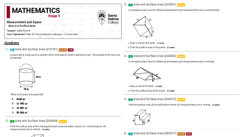Mathematics D: Area and Surface Area Study Guide (245997) - Studocu