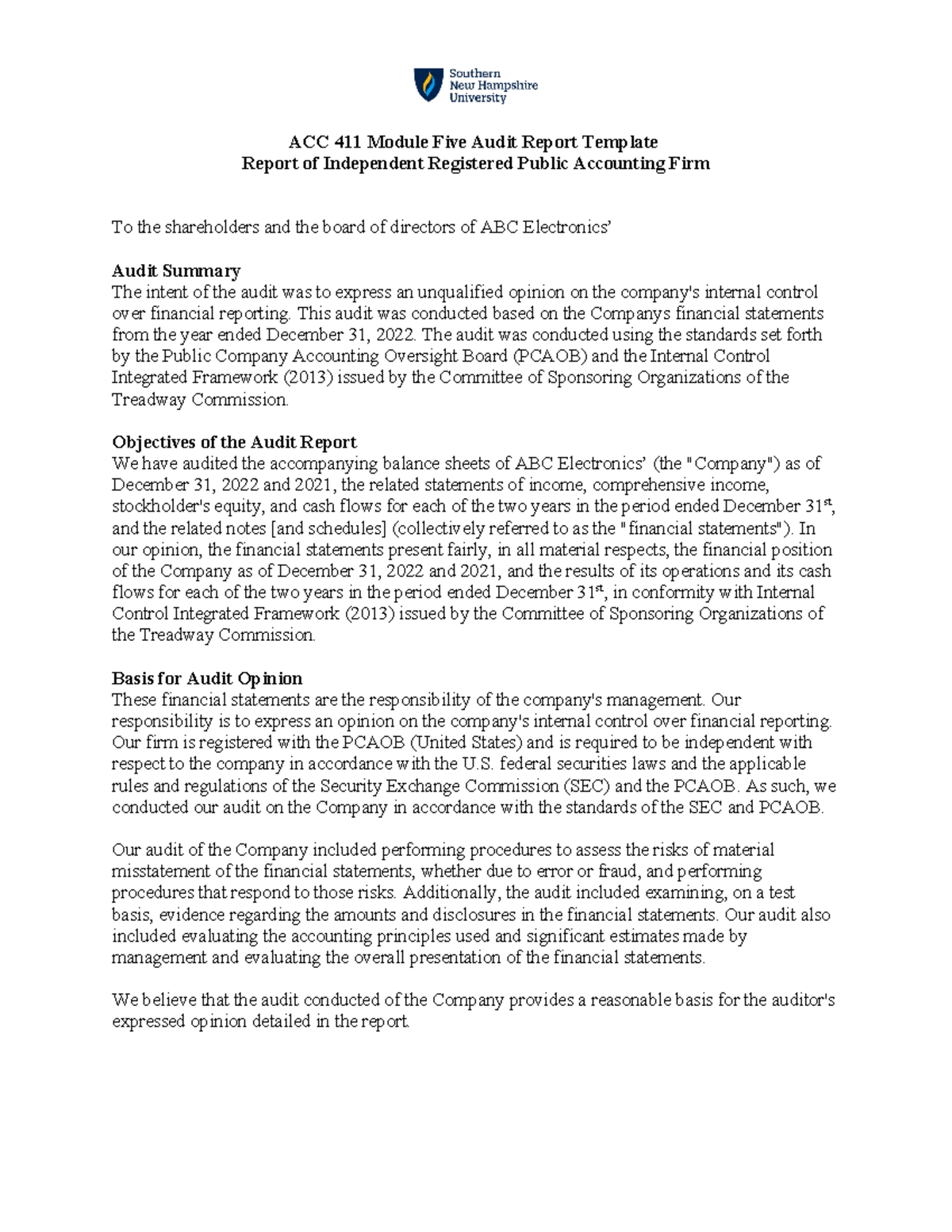 ACC 411 Module Five Audit Report: Independent Audit Summary & Opinion ...