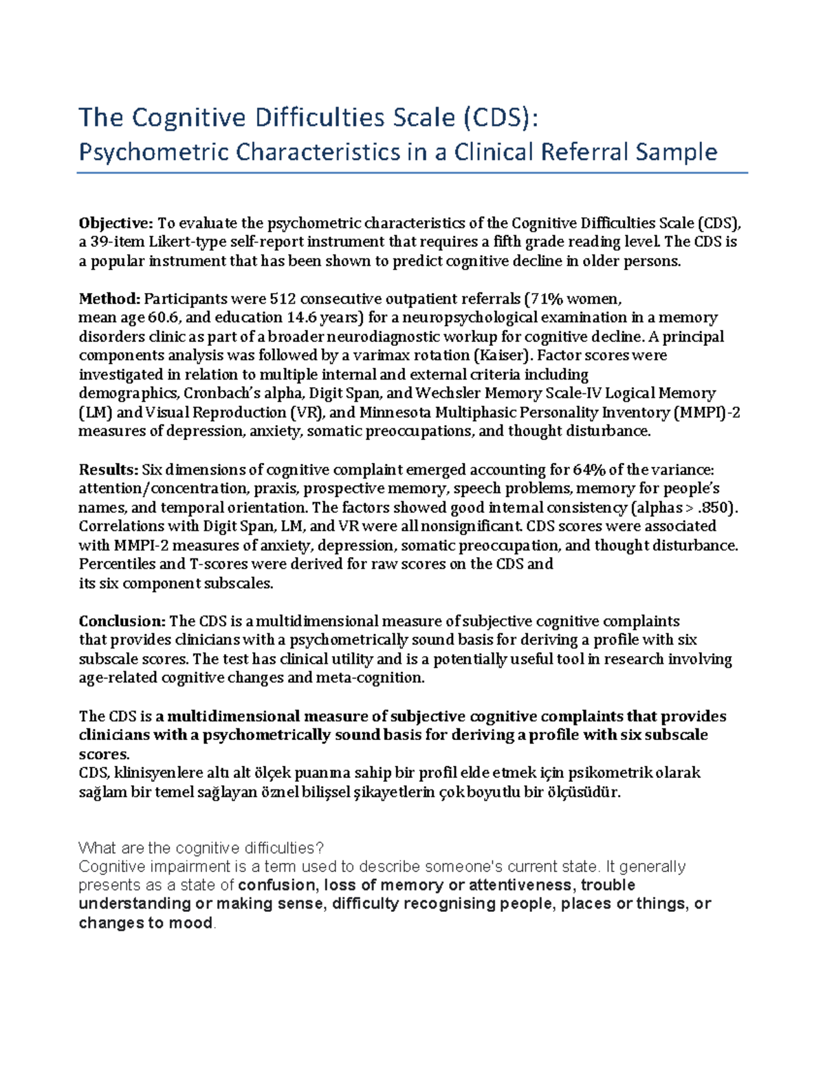 Psychometric Evaluation of the Cognitive Difficulties Scale (CDS) - Studocu