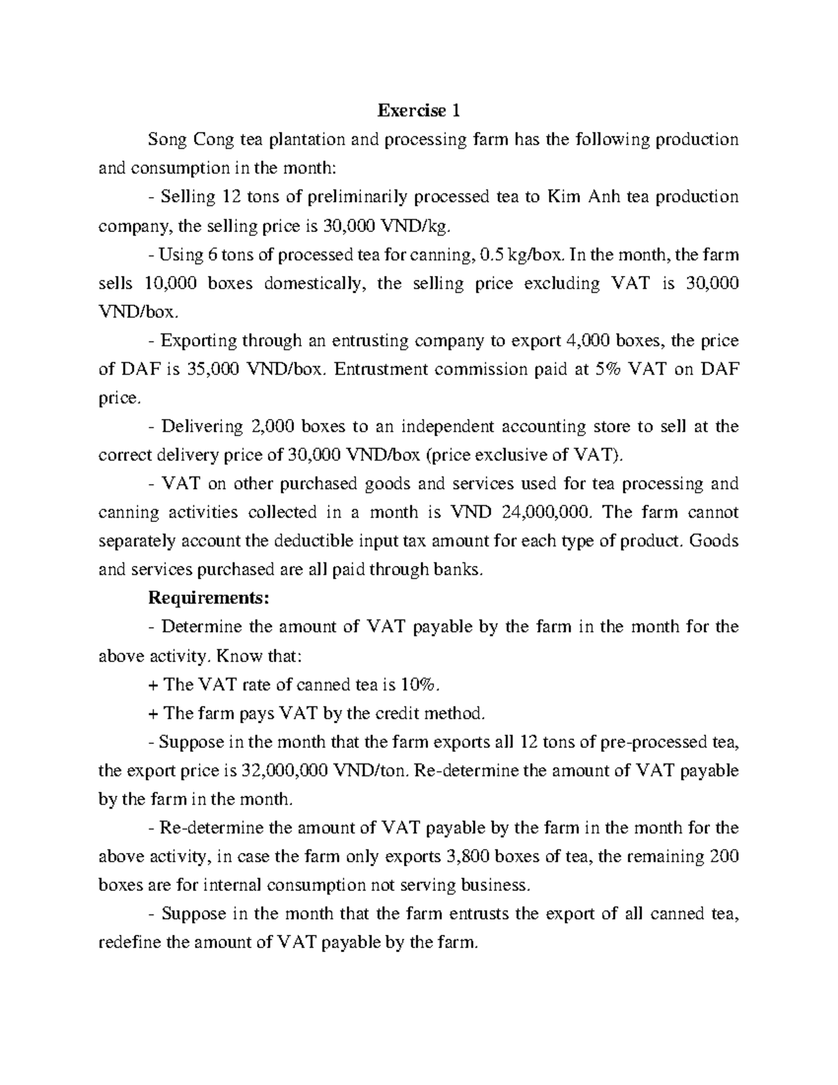 VAT Calculations for Exercise on Consumption Taxes and Tax Obligations ...