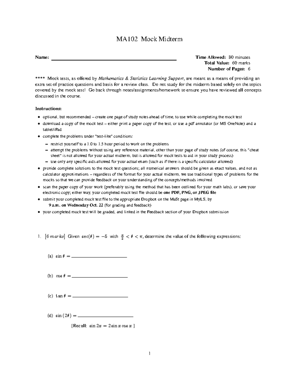 Mock MA102 Midterm Review - Practice Questions & Solutions - Studocu