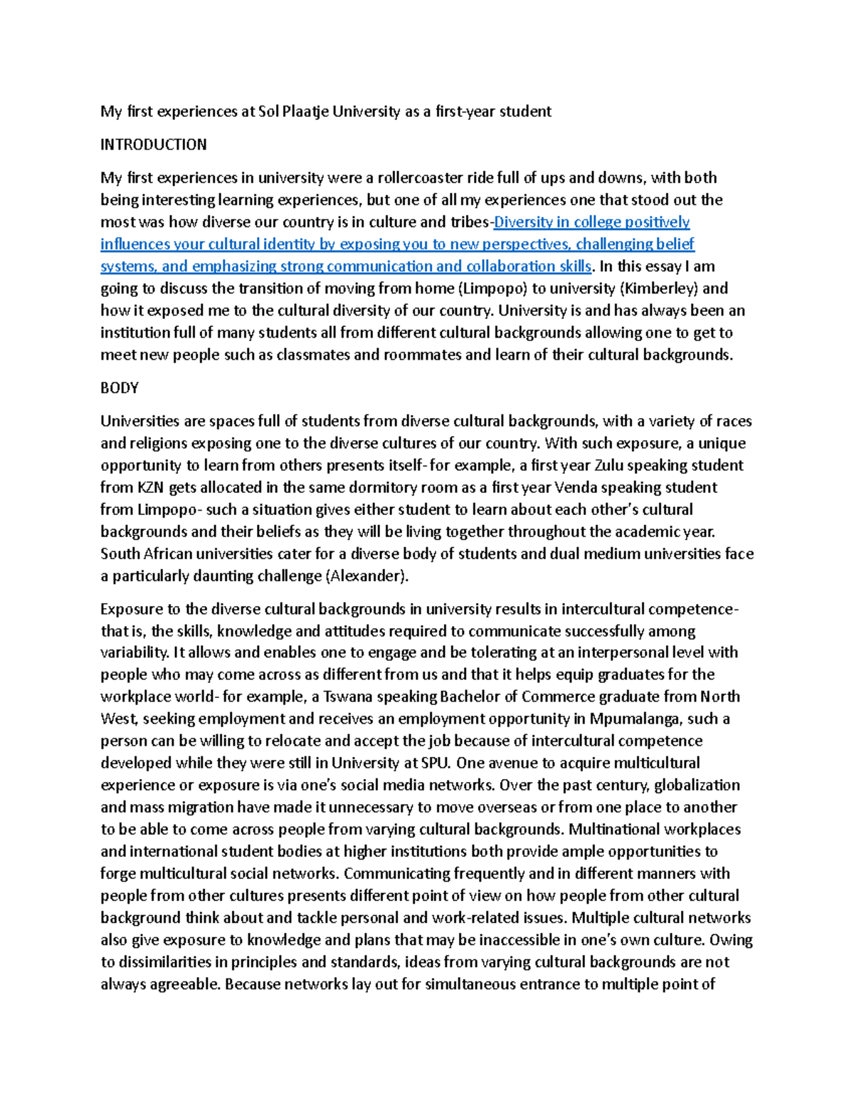 5-Paragraph Essay: My First-Year Journey at SPU and Cultural Diversity ...