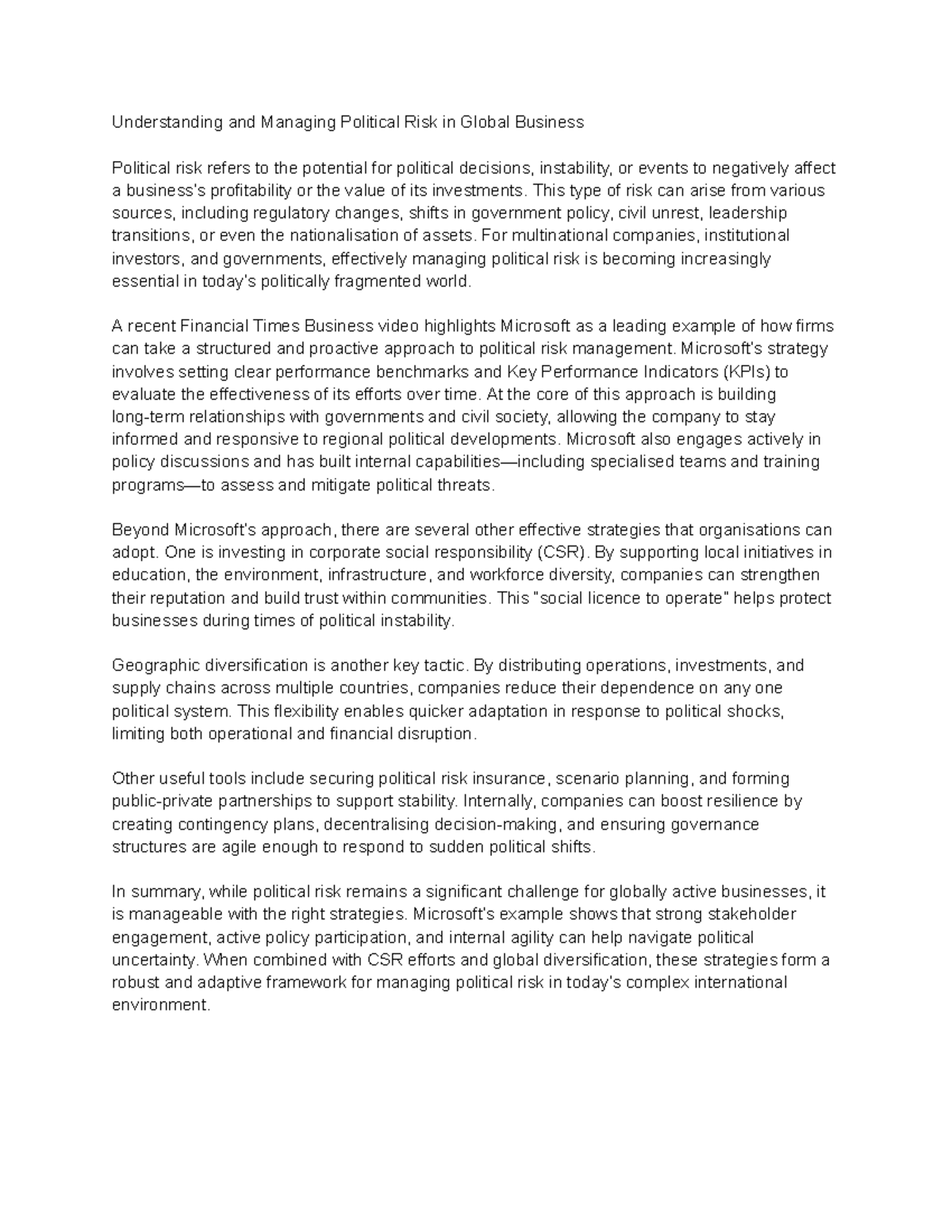 Managing Political Risk in Global Business: Strategies & Insights - Studocu