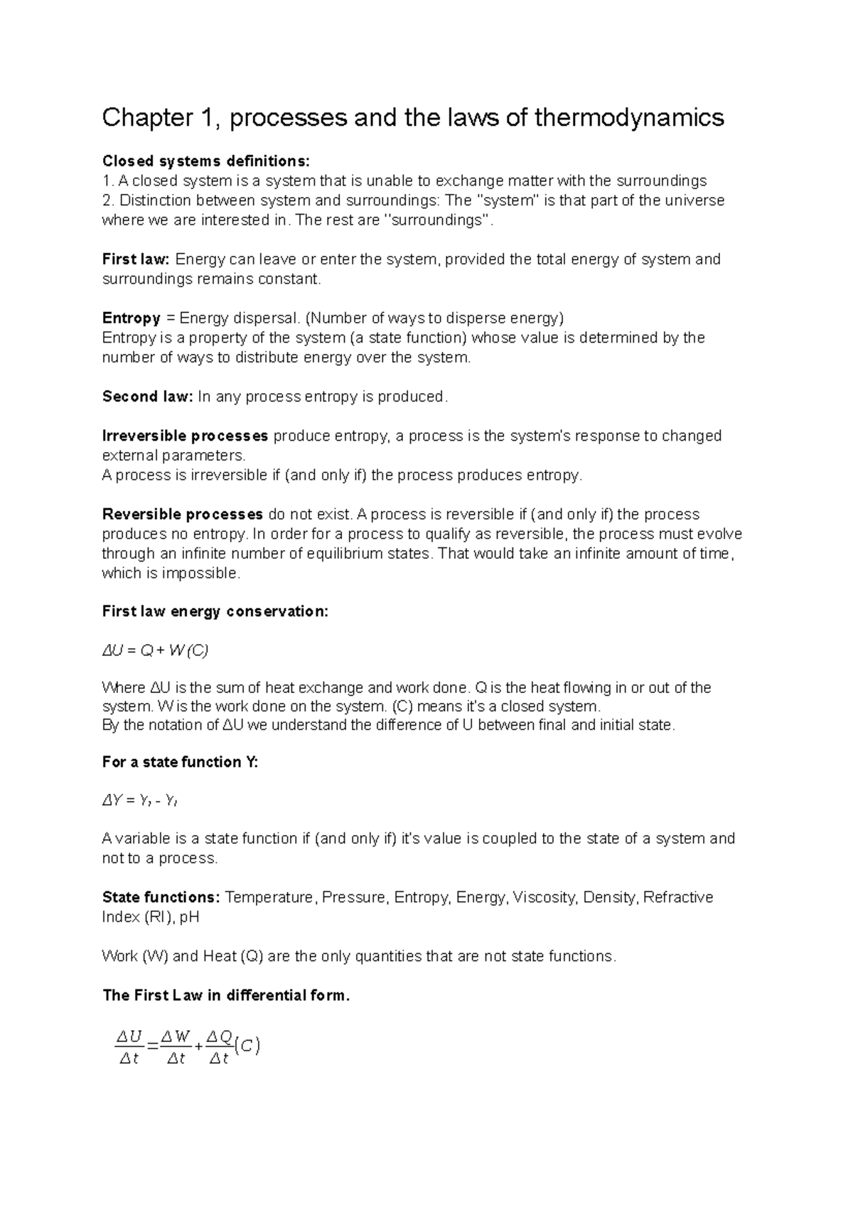 Thermodynamics H1 - Chapter 1: Processes and Laws Overview - Studeersnel