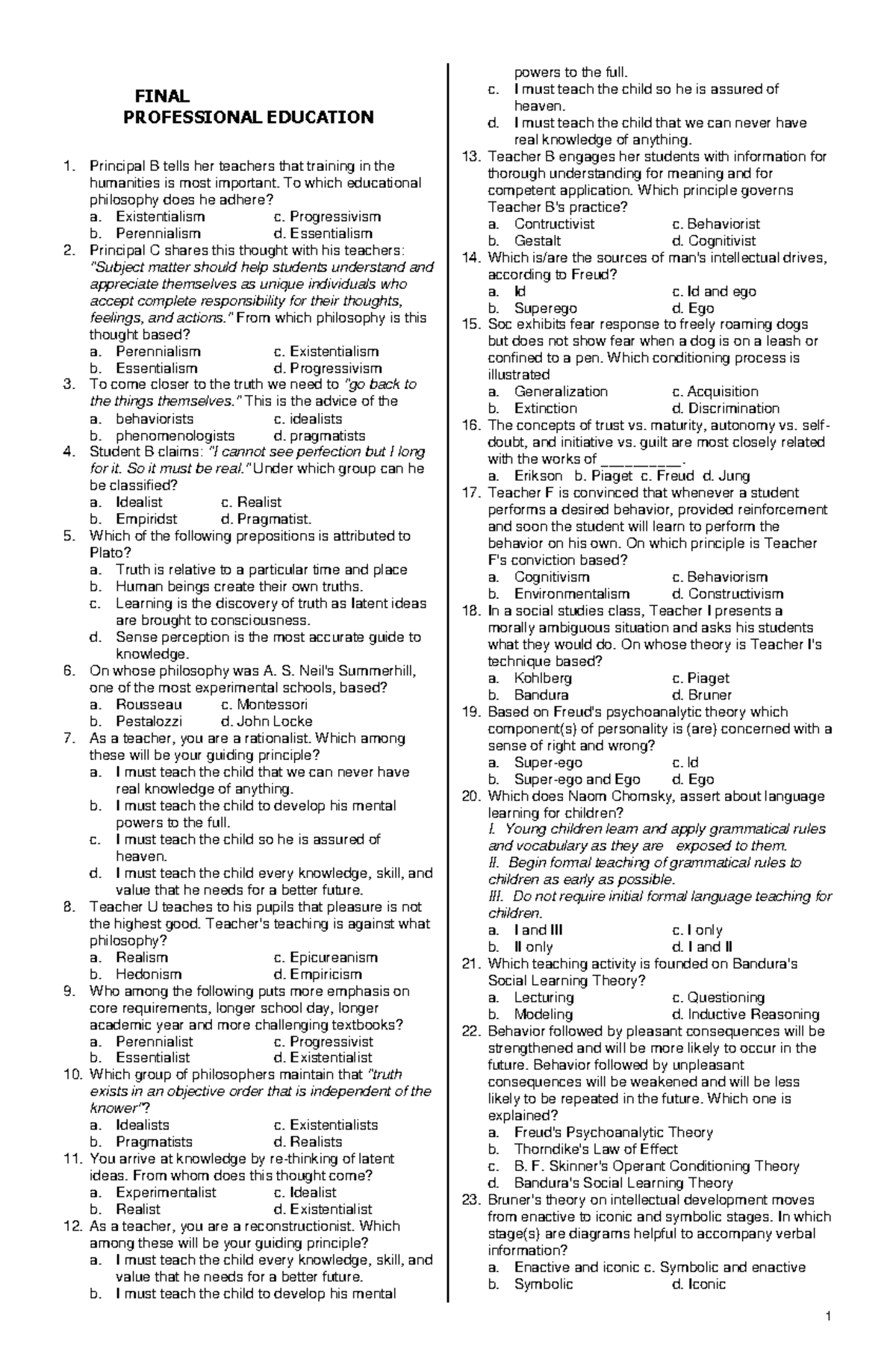FINAL PROFESSIONAL EDUCATION 1 EXAM REVIEW NOTES - Studocu