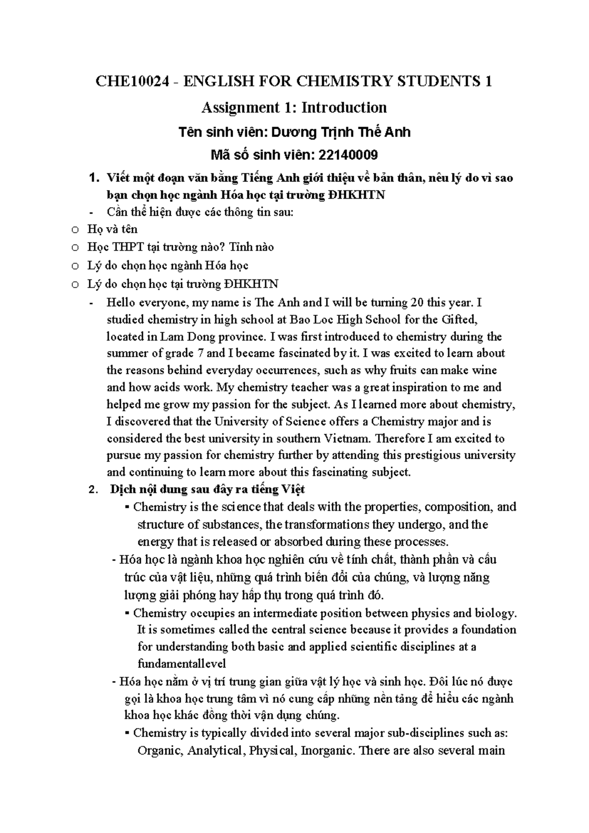 CHE10024 - Assignment 1: Introduction to Chemistry Studies - Studocu