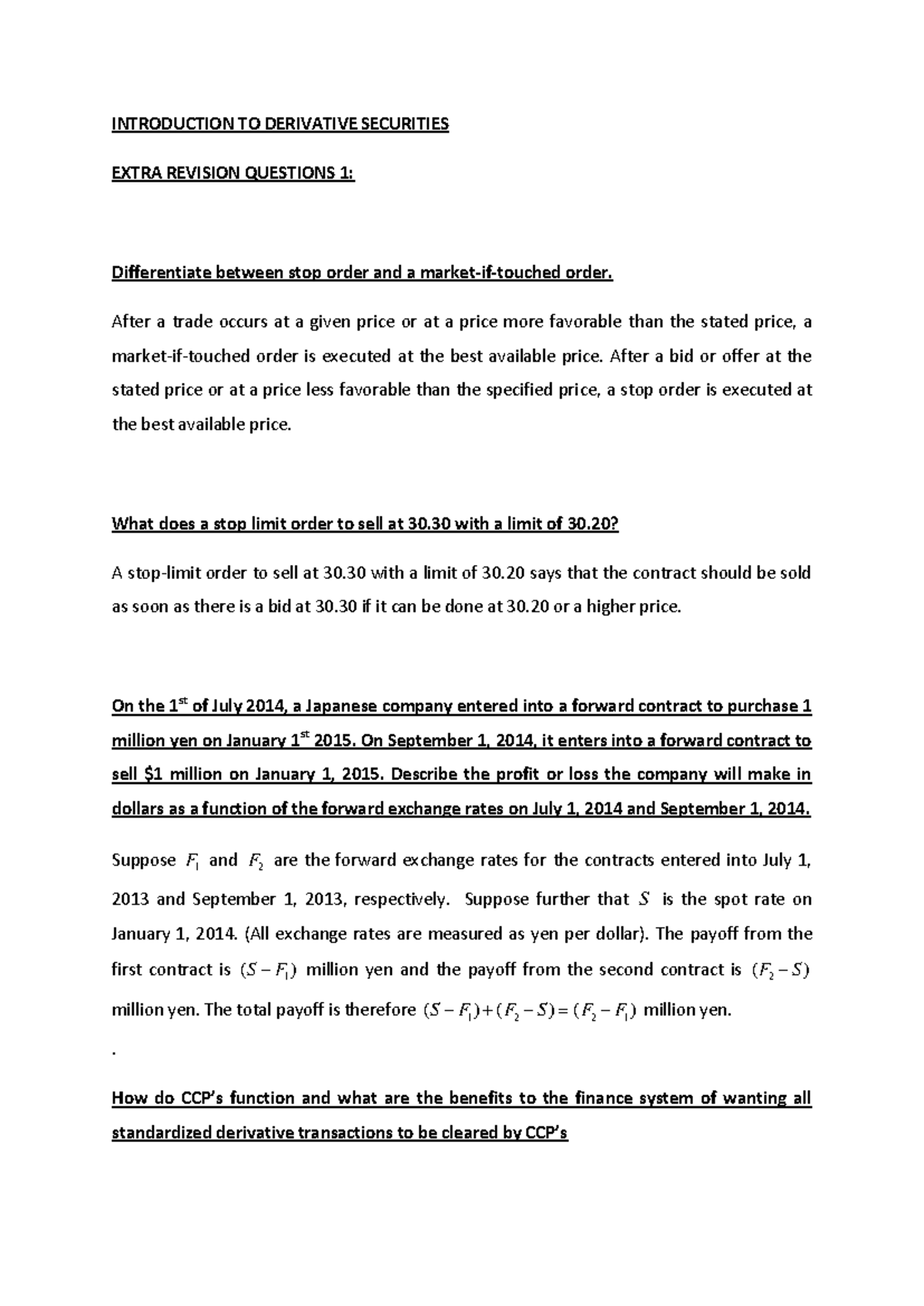 Derivatives Revision Questions for Course Code Deriv 101 - Studocu