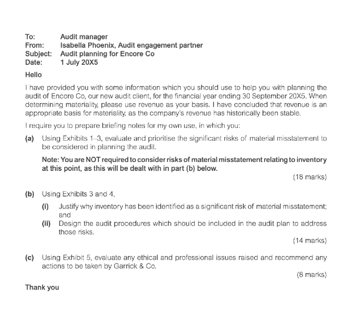 Audit Planning Briefing Notes for Encore Co - Audit Engagement 20X5 ...