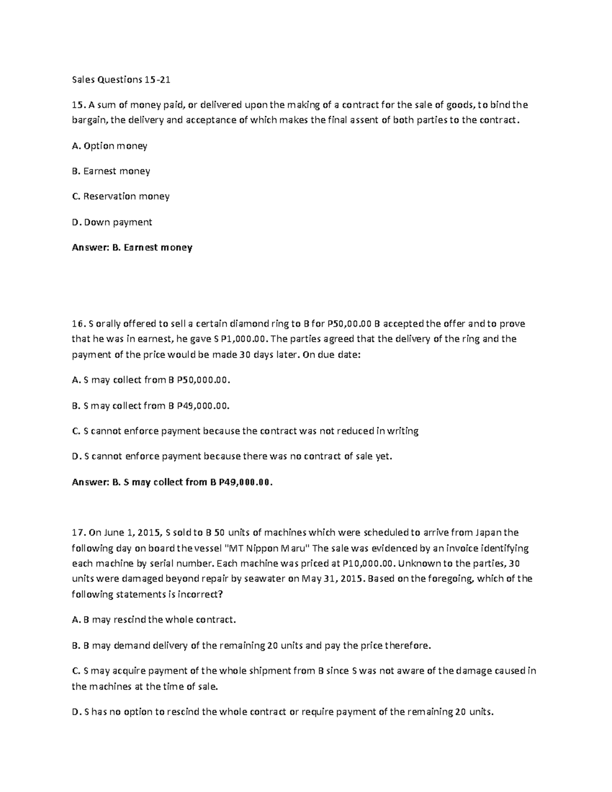 Sales and Pledge Exam Questions (15-21 & 9-12) - Studocu