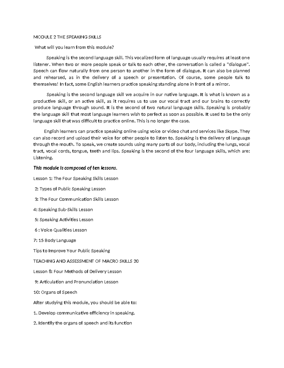 Module 2: Enhancing Speaking Skills in Language Proficiency - Studocu