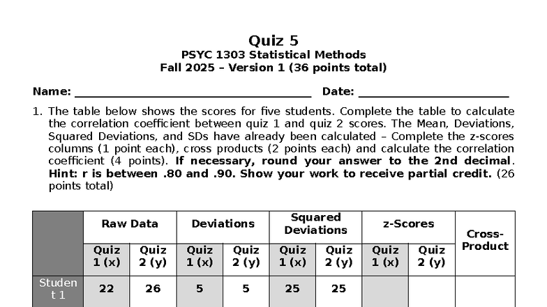 Quiz 5 Analysis & Correlation Coefficient PSYC 1303 Fall 2025 - Studocu