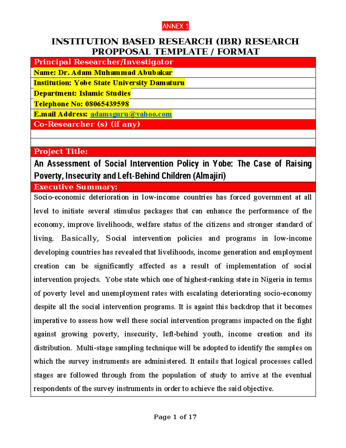 IBR Research Proposal: Assessing Social Intervention Policies in Yobe ...