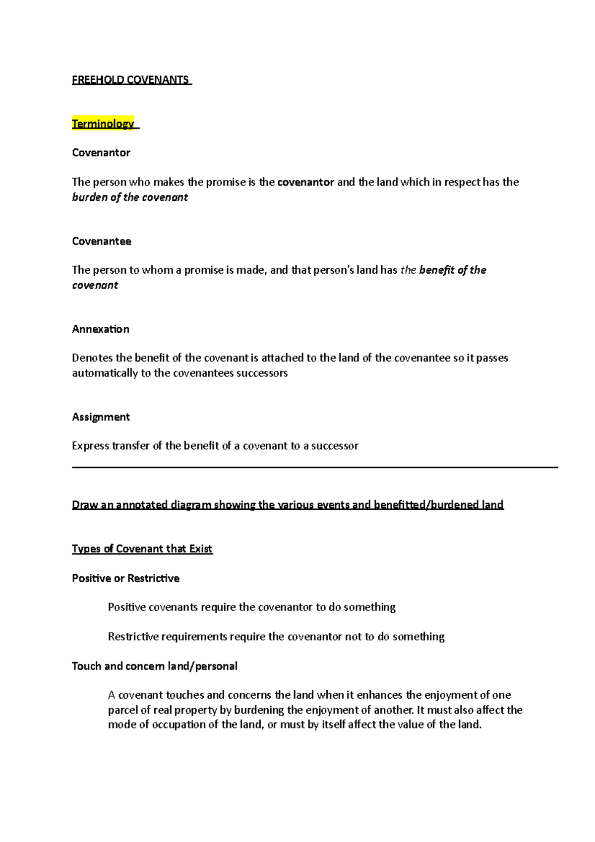 Freehold Covenants: Comprehensive Overview for Land Law GDL - Studocu