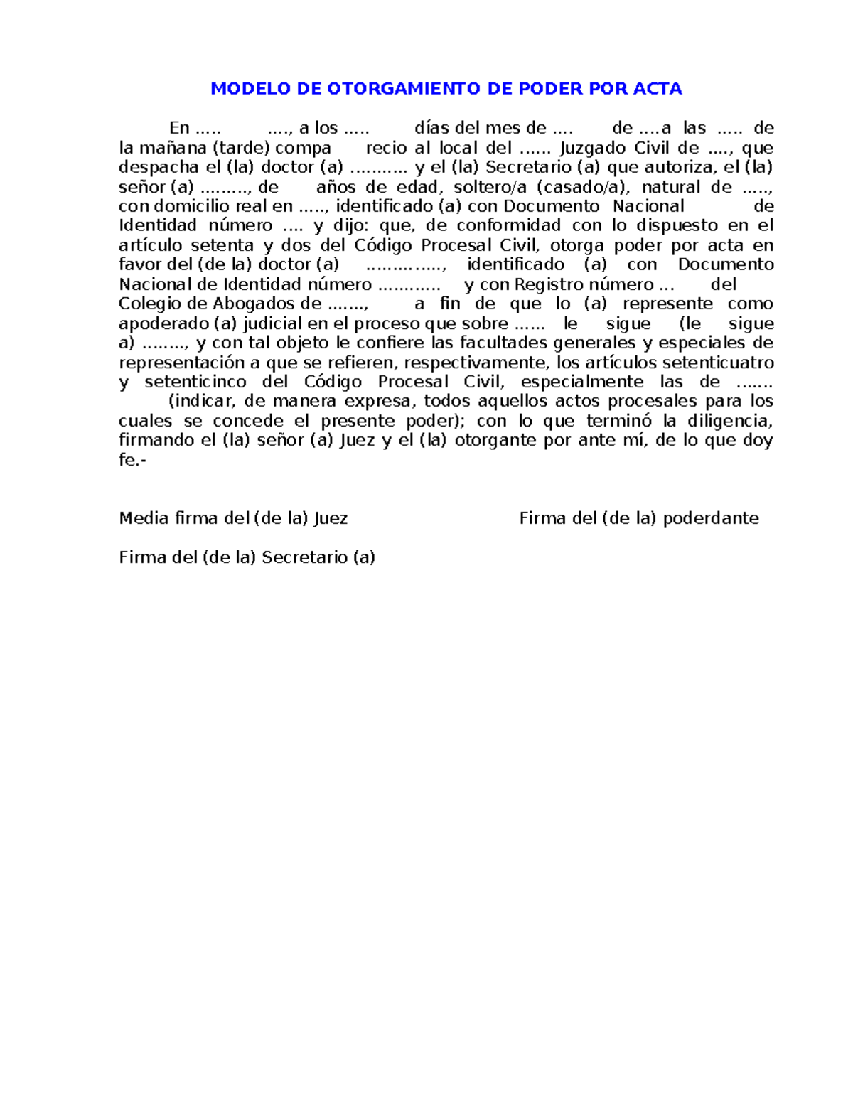 Modelo de Otorgamiento de Poder por Acta - Escrito Judicial - Studocu