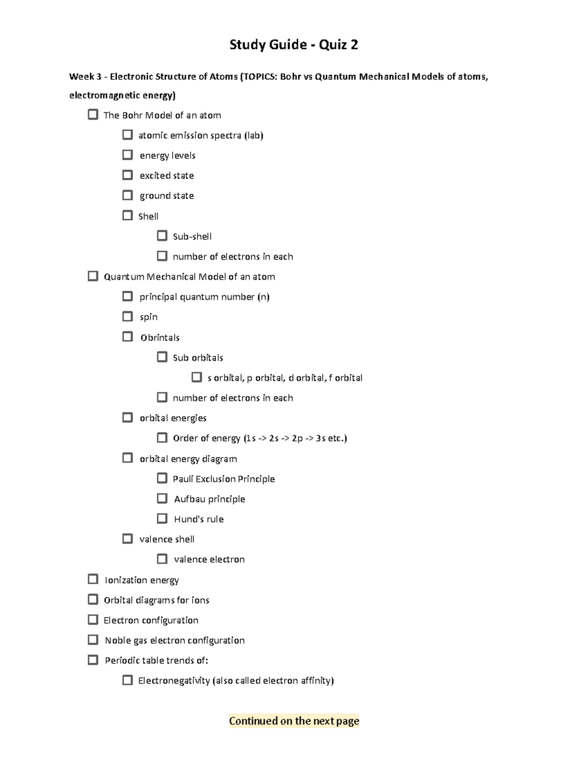 Quiz 2 Study Guide - Electronic Structure & Molecular Structure Topics ...