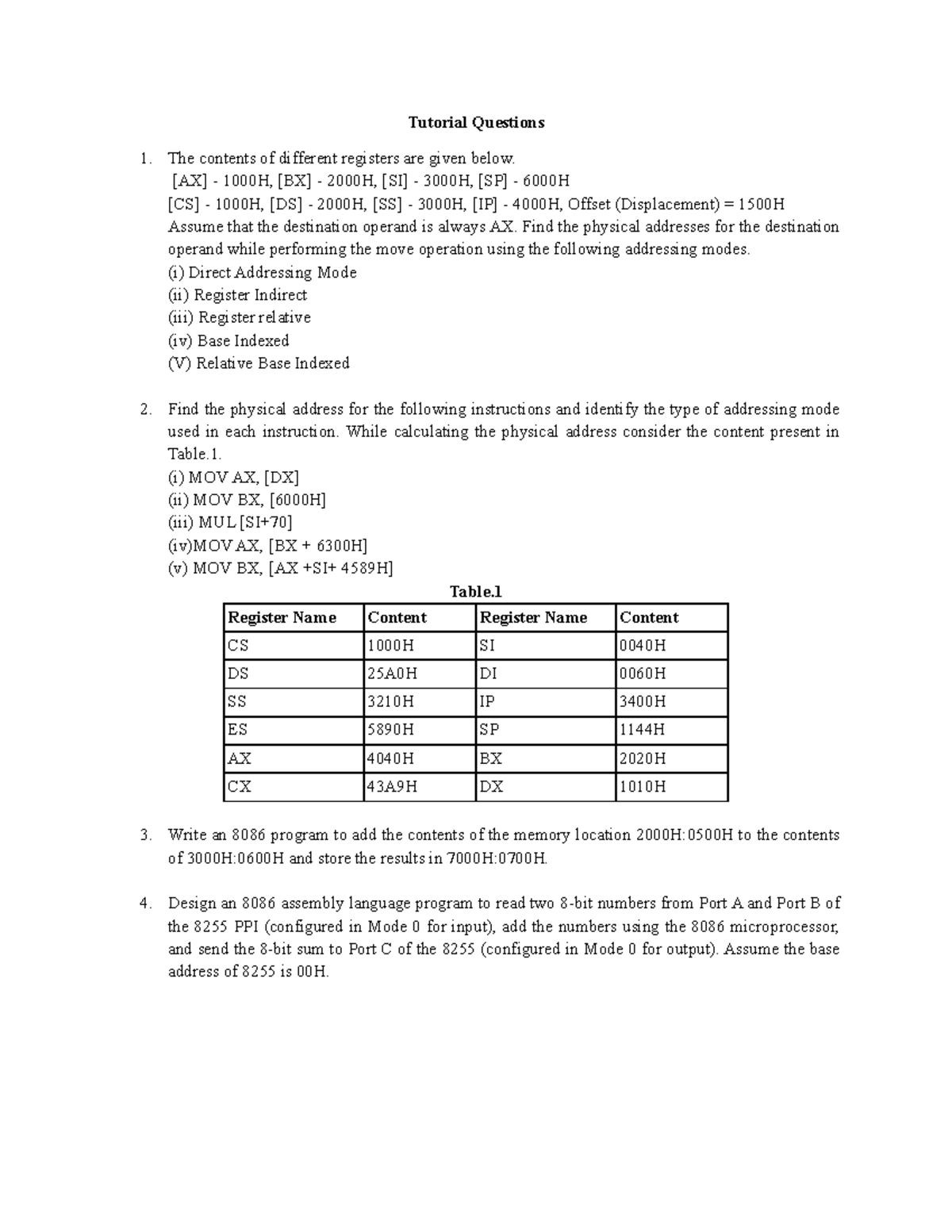 MPMC 8086 Tutorial Questions and Addressing Modes Analysis - Studocu