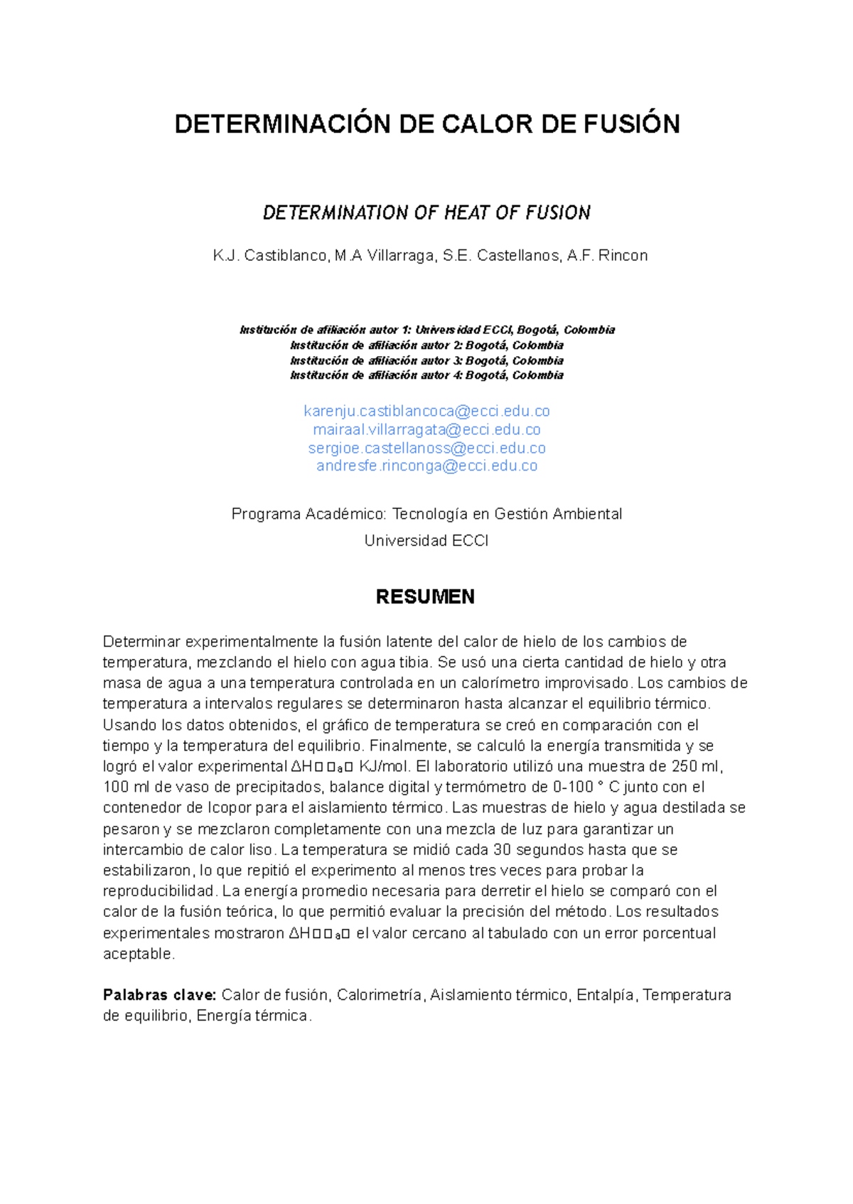 Informe Tercer Corte - Termodinámica: Determinación del Calor de Fusión ...