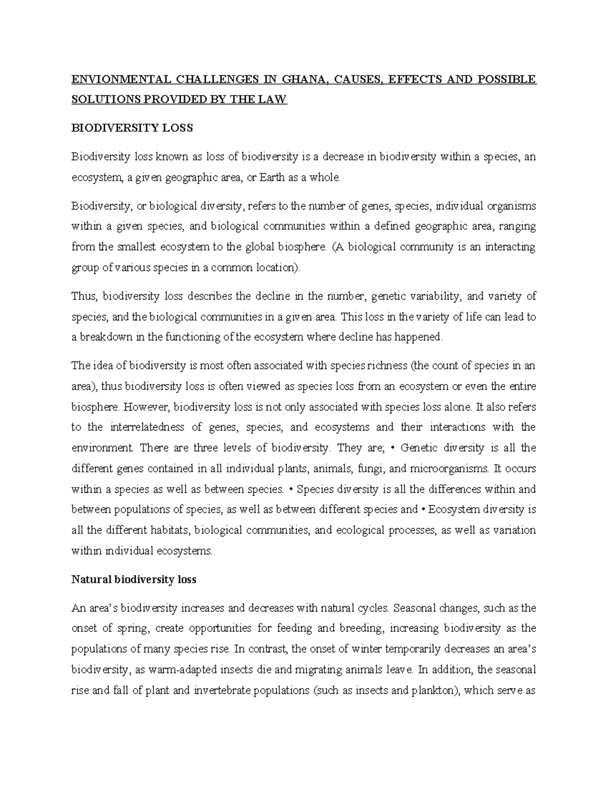 Biodiversity loss in Ghana: causes, effects, and legal solutions - Studocu