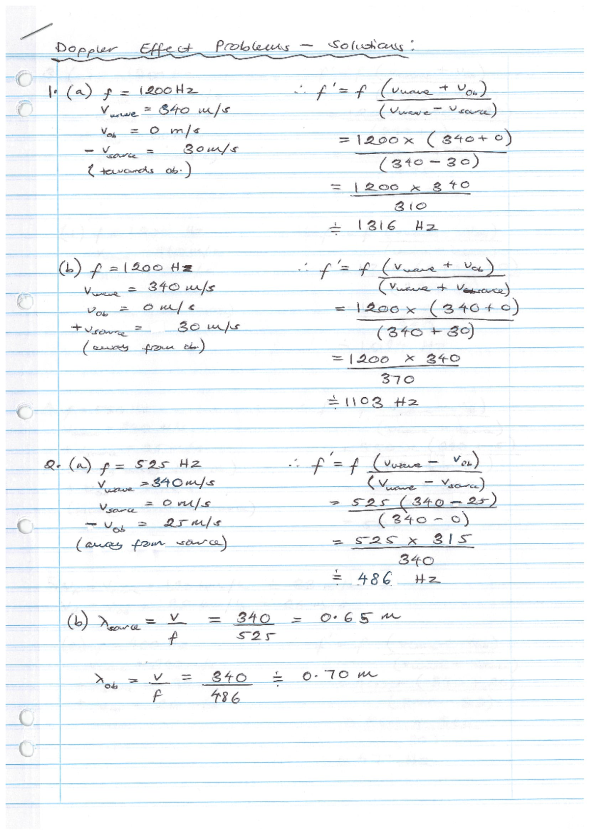 Solutions to Doppler Effect Problems: Detailed Calculations - Studocu