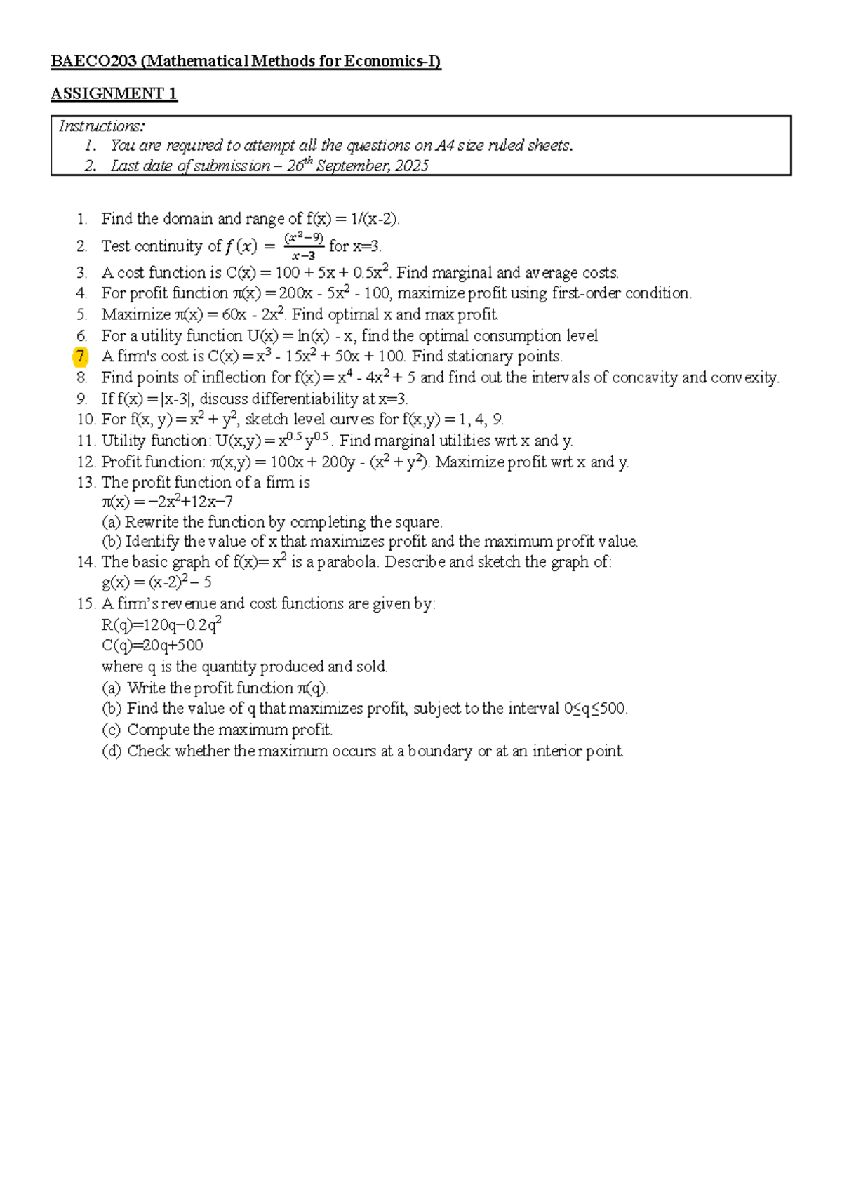 BAECO203 Mathematical Methods Assignment 1 Guidelines and Tasks - Studocu