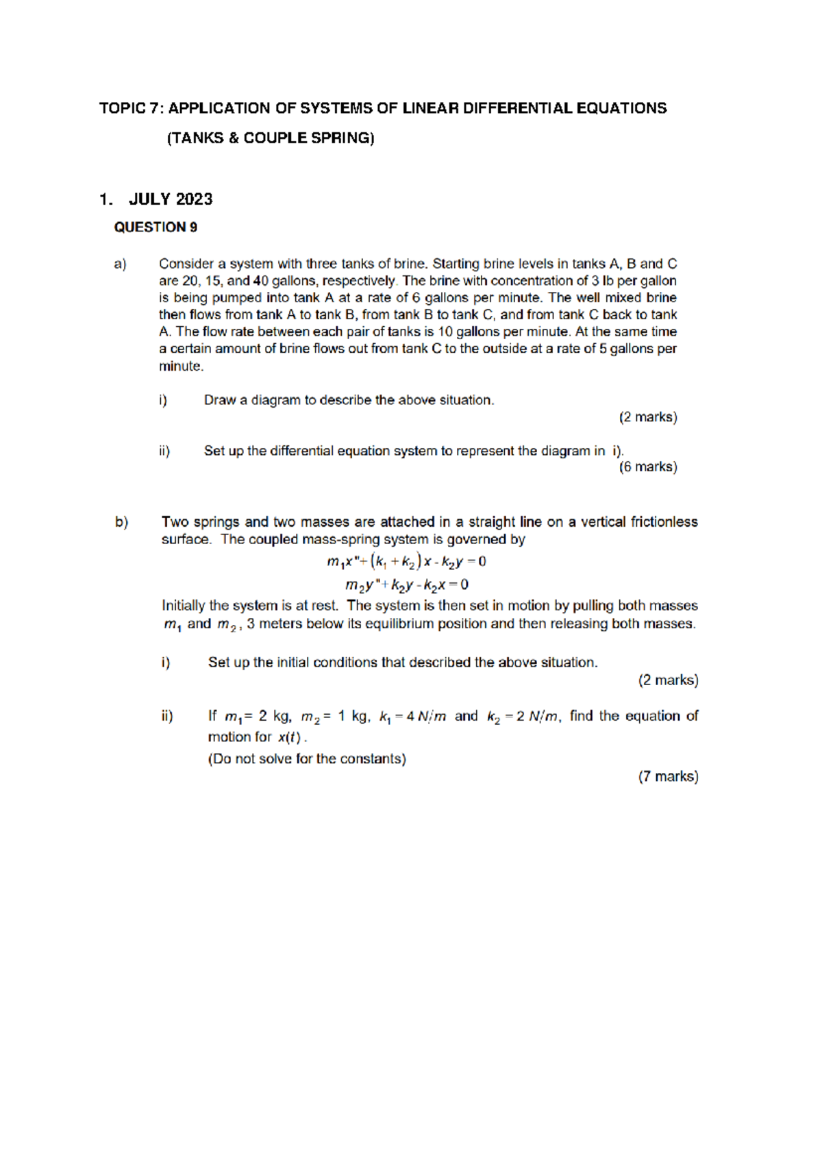 Topic 7 Tutorial Application OF Systems OF Linear DE Tanks AND Couple ...