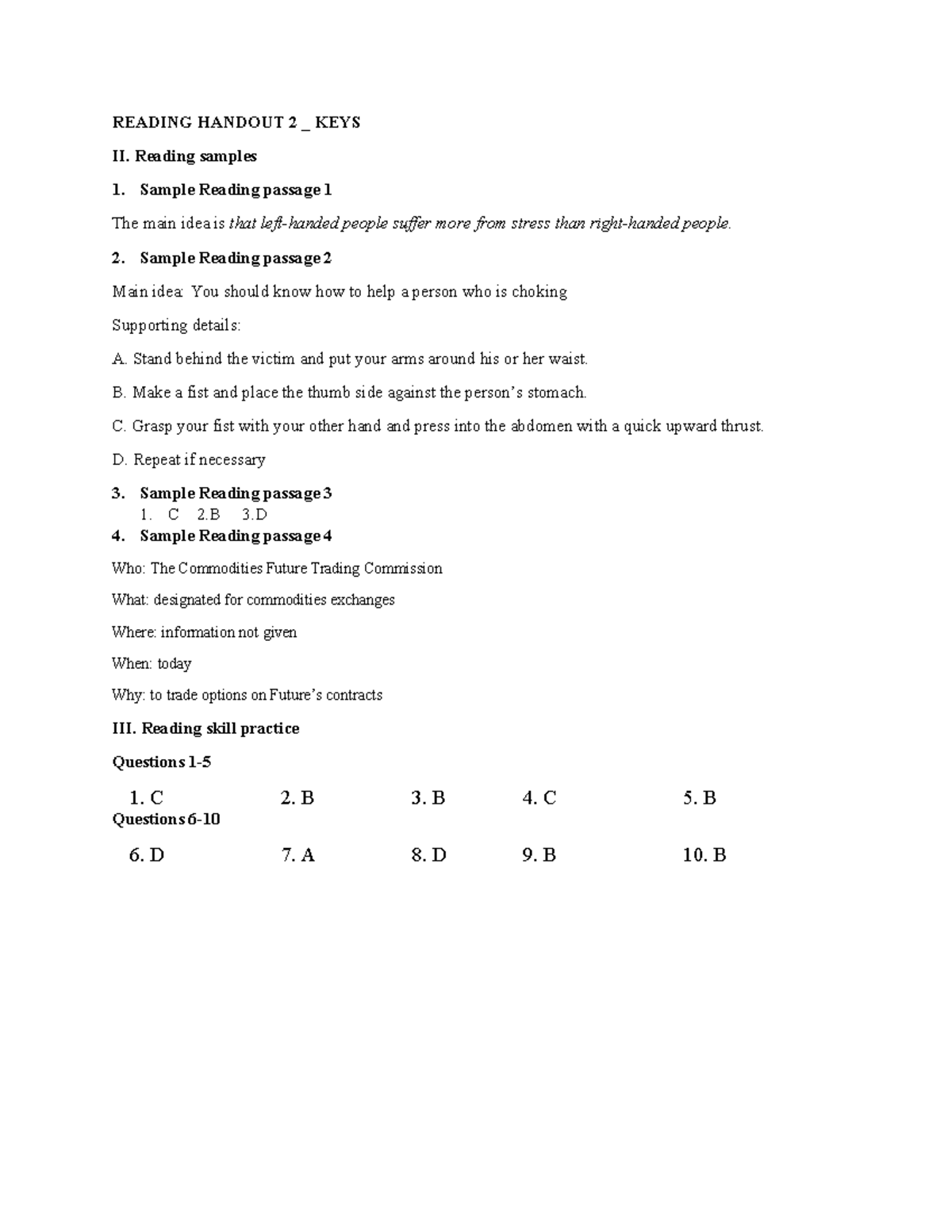English Reading Handout 2: Key Concepts and Sample Questions - Studocu