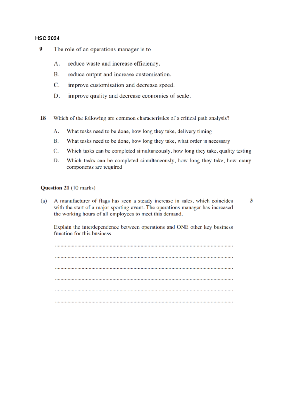 Business hsc questions - HSC Answer 9 A 18 B 17 C 18 B 12 C 10 B 11 B ...