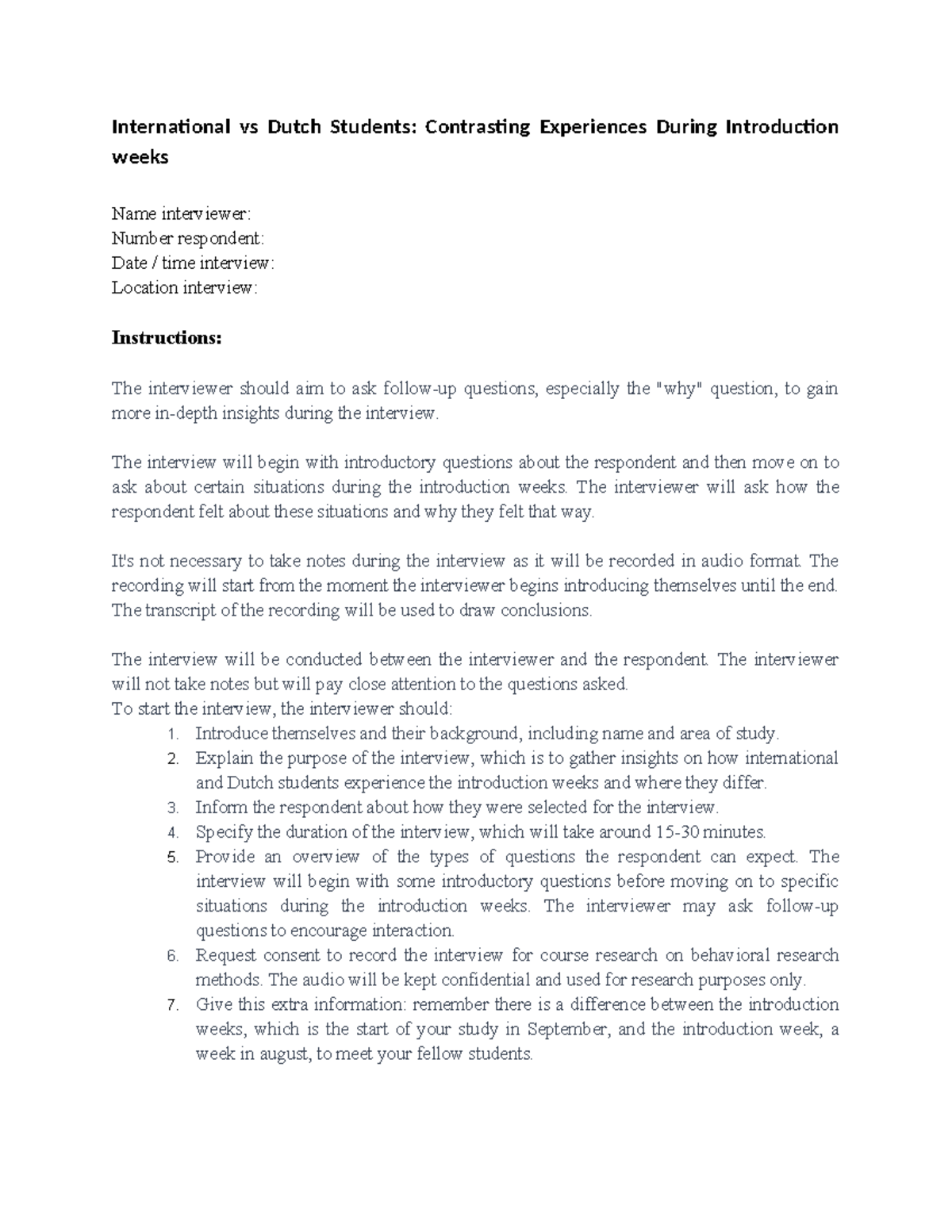 Interview Scheme Template: Intl vs Dutch Students' Intro Experiences ...