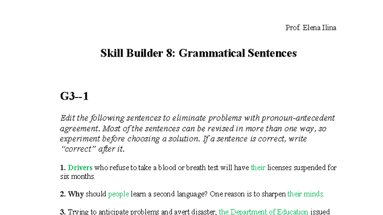 TAHA SB 8: Skill Builder on Grammatical Sentence Agreement - Studocu
