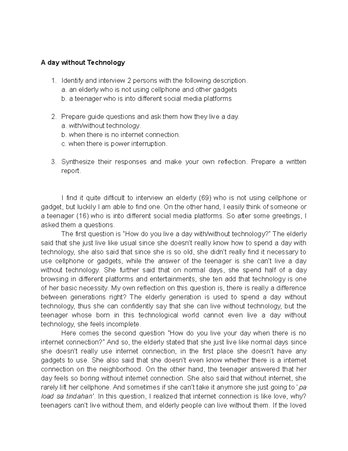 Learning Activity #6: A Day Without Technology - STS Report - Studocu