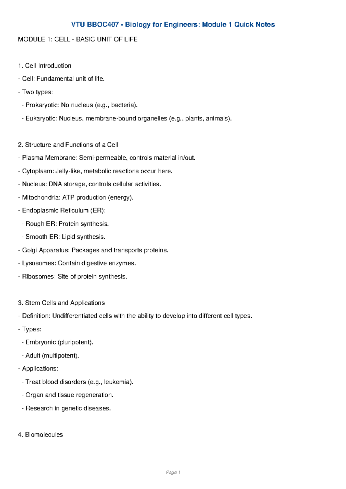 VTU BBOC407 Biology for Engineers: Module 1 Revision Notes - Studocu