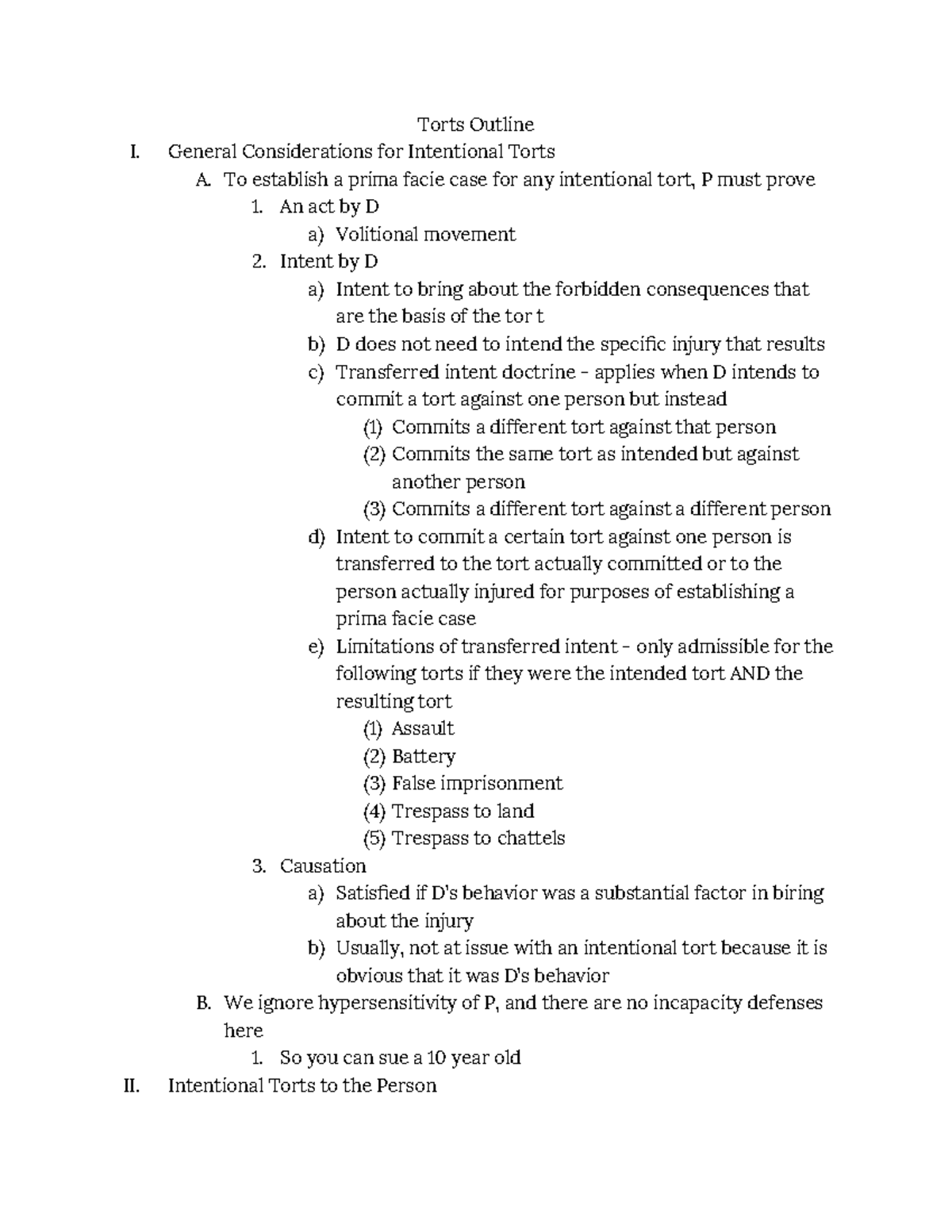 Torts Outline: Key Concepts and Principles for Intentional Torts - Studocu