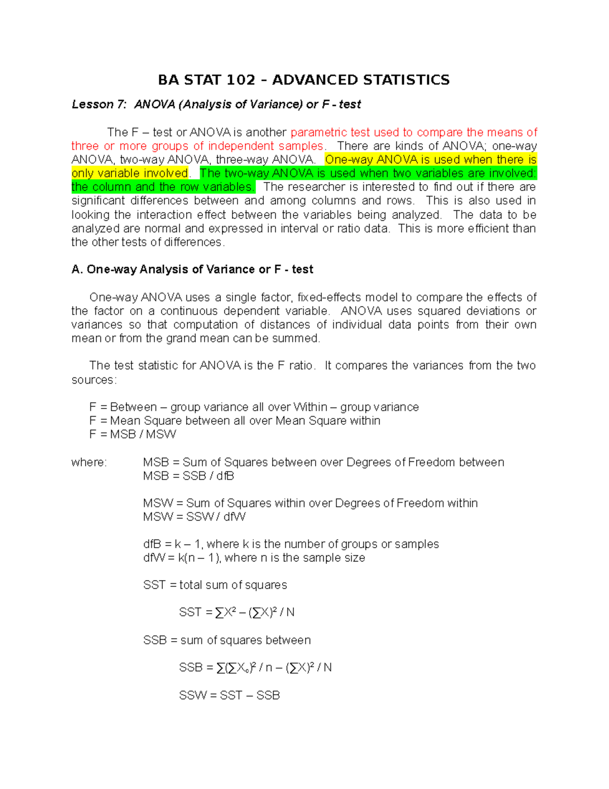 Lesson 7: One Way ANOVA Test in BA STAT 102 - Analysis of Variance ...
