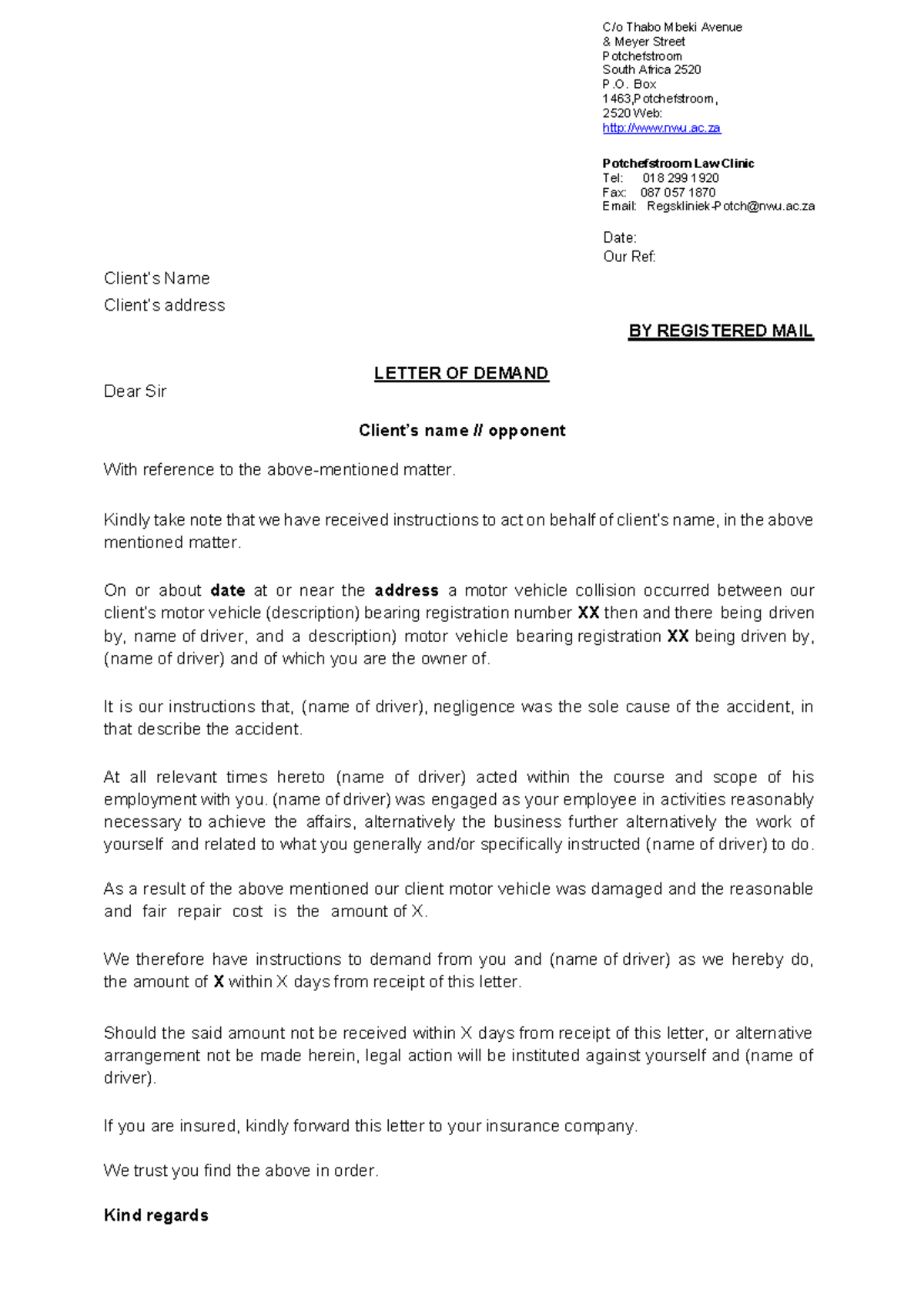 Letter of Demand: MVA Example for Legal Action - Studocu