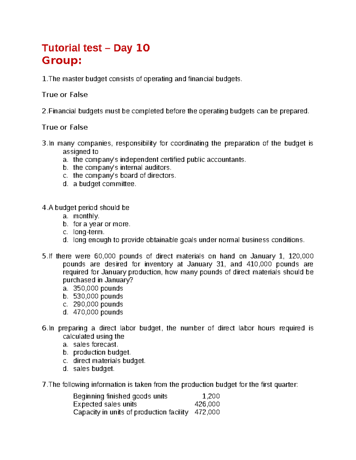 Tutorial Test Day 10: Master Budget Concepts and Calculations - Studocu