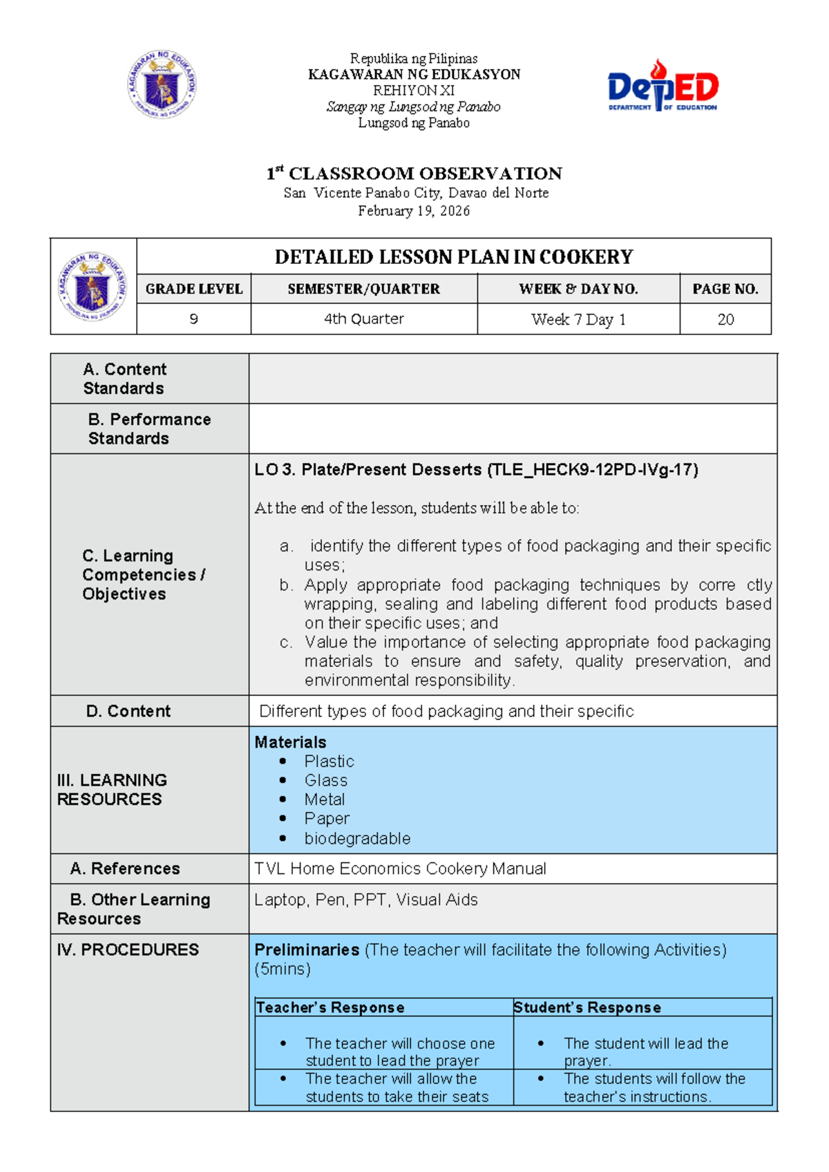 DLP: Detailed Lesson Plan in Cookery for Grade 9 - 4th Quarter Week 7 ...