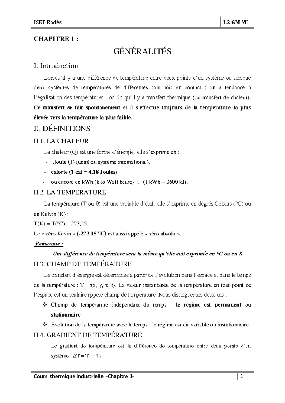 Chapitre 1 : Transferts Thermiques et Concepts de Base - ISET Radès L2 ...