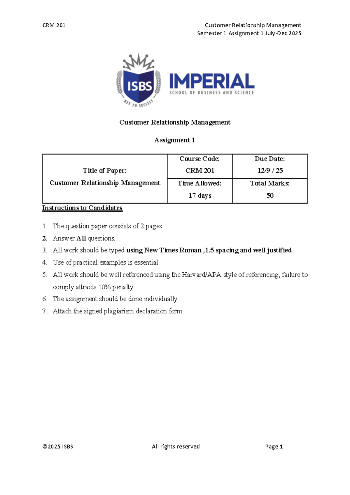 CRM 201 Assignment 1 2025 - Customer Relationship Management - Studocu