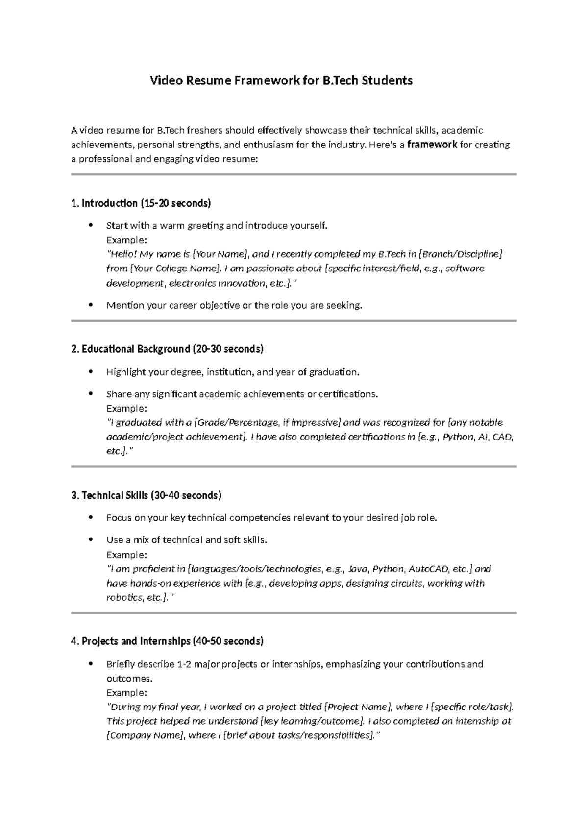 Video Resume Script Framework for B.Tech Students - Studocu