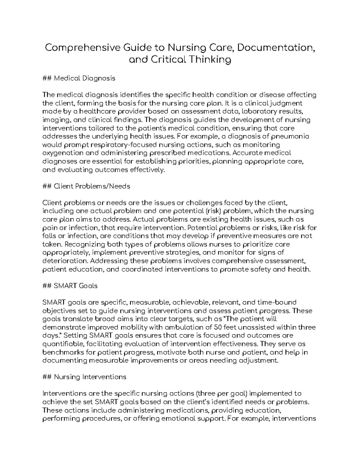 Comprehensive Nursing Care Guide: Documentation & Critical Thinking ...